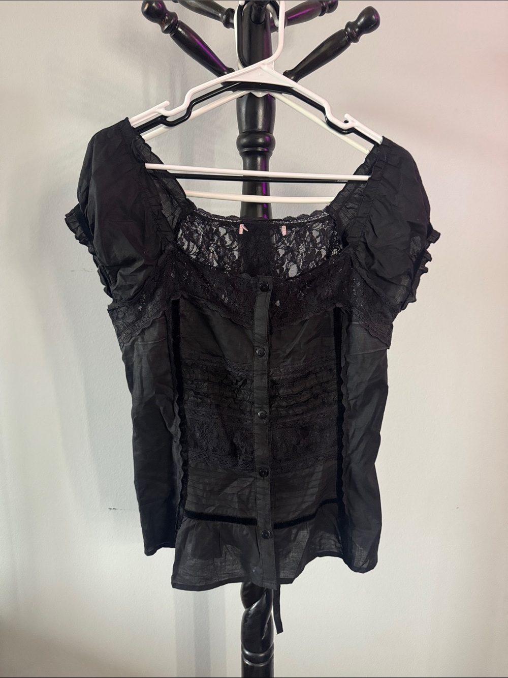 Black Lace-Trim Button Front Women’s Top